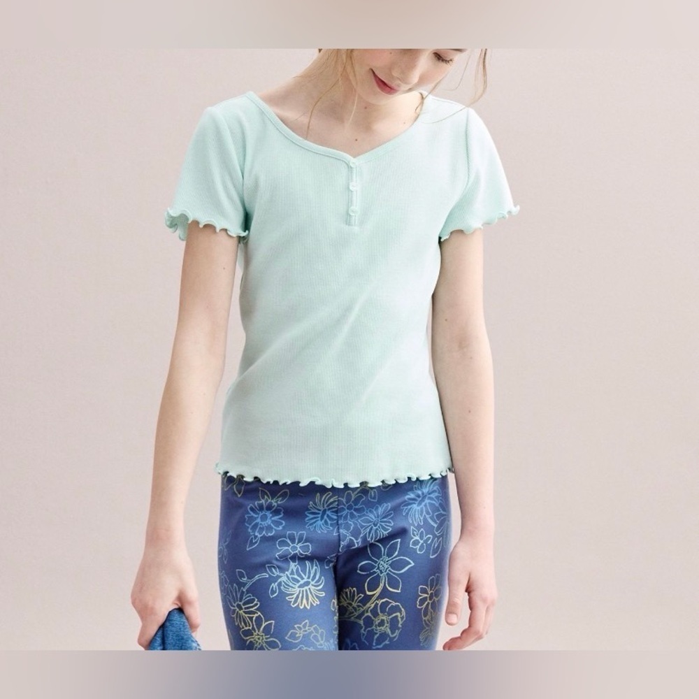 SO Girls Essential Henley Tee Tahiti Breeze Mint Green Lettuce Edge Size L 10/12